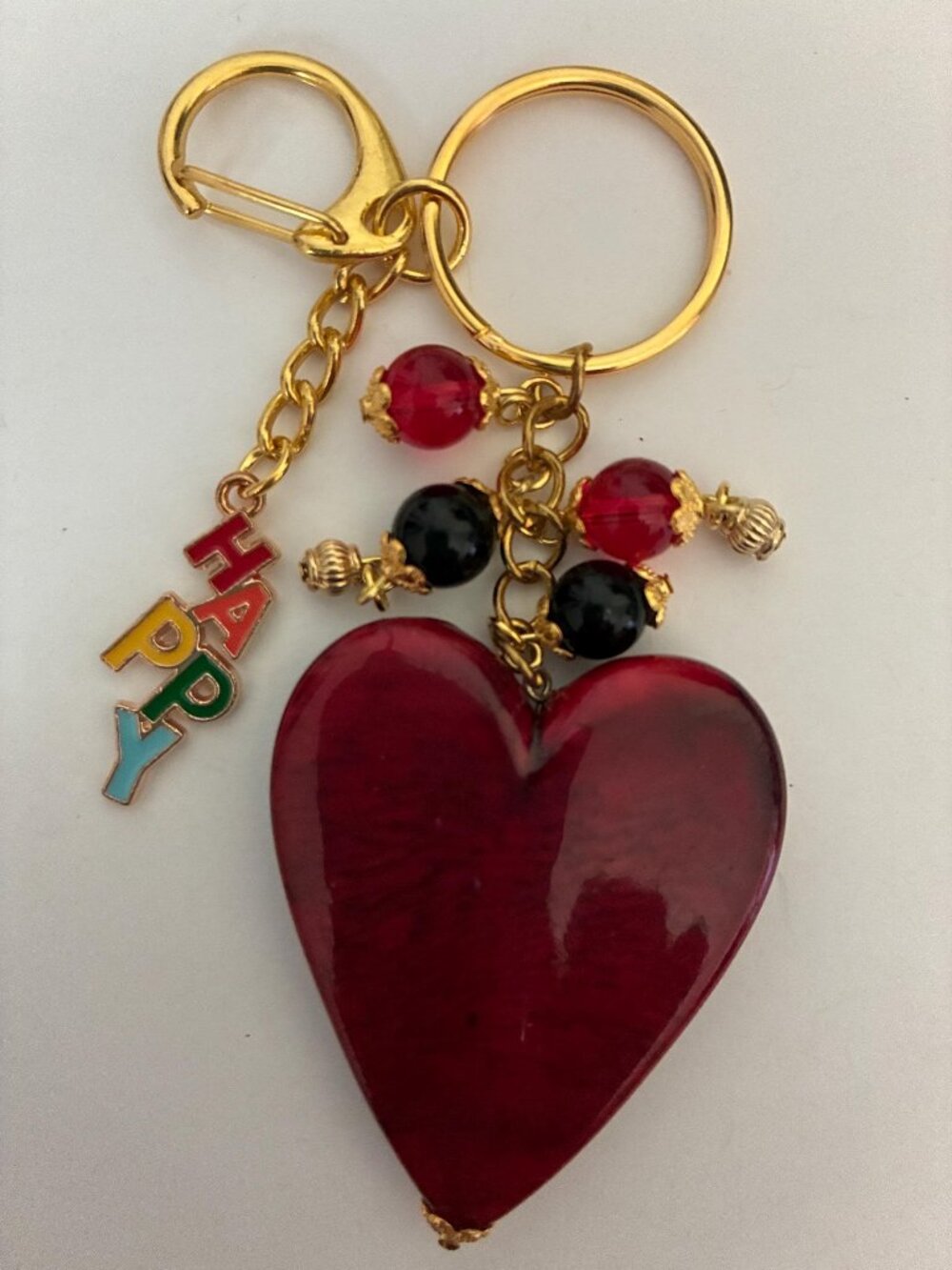Red Heart Charm Keychain with Beads & HAPPY Letter Charm